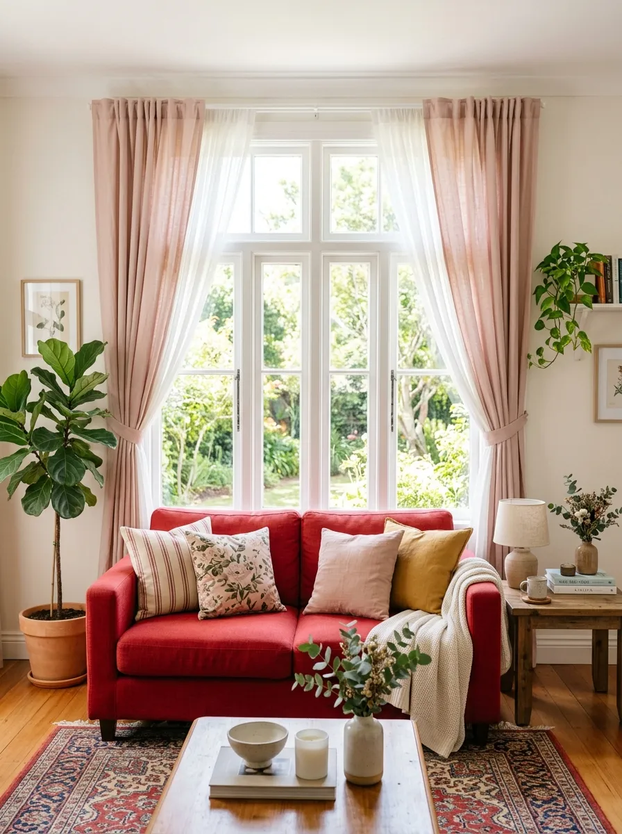 Image prompt: Real-life photography of a living room with a red couch beneath large windows framed by soft blush linen curtains, neatly arranged cushions on the sofa, beautifully styled side table with a small lamp, clean organized composition, bright natural light pouring through the sheer drapery, vibrant red and blush tones together, real lifestyle interior photograph, not a 3D render, not an illustration, Pinterest-style window styling photo.