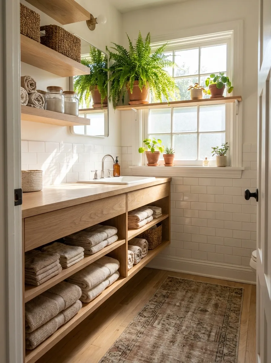 Real-life photograph of a small bathroom with a floating white wooden vanity, neatly made and beautifully arranged with folded towels underneath, organized open shelving, clean lines, bright natural light streaming through a window, vibrant green plant accent, shot on a DSLR camera, cozy and inviting, Pinterest-style home interior photography, no people.