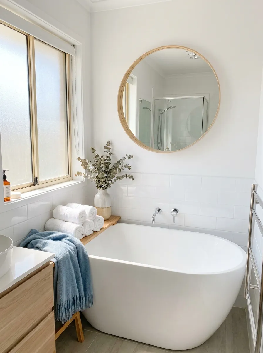 Real-life photograph of a small bathroom with a curved oval bathtub and round mirror, neatly made white towels rolled beside the tub, beautifully arranged and organized, clean minimalist layout, bright natural light, vibrant soft blue accent, Pinterest-style stock photography, no people.