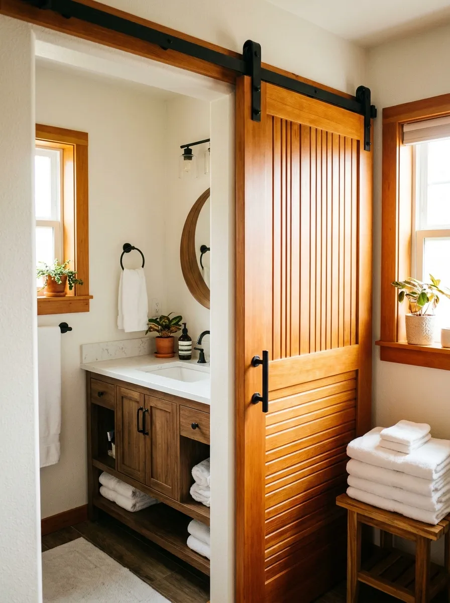 Real-life photograph of a small bathroom with a sliding wood-slat barn door, clean and organized vanity area visible beyond, beautifully arranged white towels neatly folded, bright natural light, vibrant warm wood tones, cozy and tidy, Pinterest-style stock photography, no people.