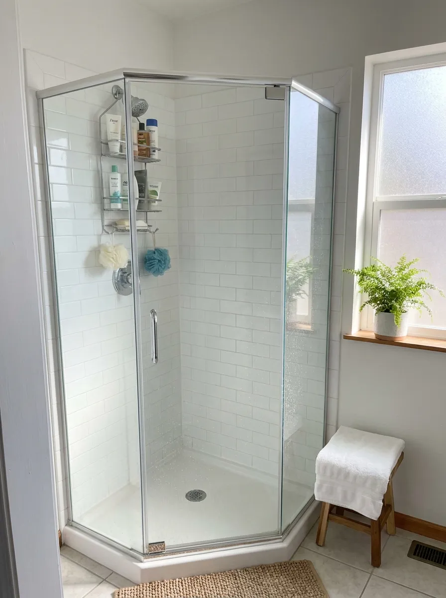 Real-life photograph of a small bathroom with a corner neo-angle glass shower, clean white tile surround, beautifully arranged shower caddy neatly organized, bright natural light, vibrant green plant on the windowsill, sparkling clean glass, Pinterest-style interior photography, no people.