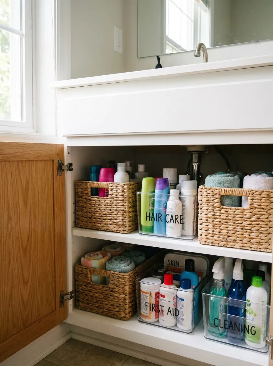 Real-life photograph of an open small bathroom cabinet under the sink, neatly organized woven baskets and clear labeled bins, beautifully arranged toiletries, clean and tidy, bright natural light, vibrant pops of color from labeled containers, Pinterest-style stock photo, no people.