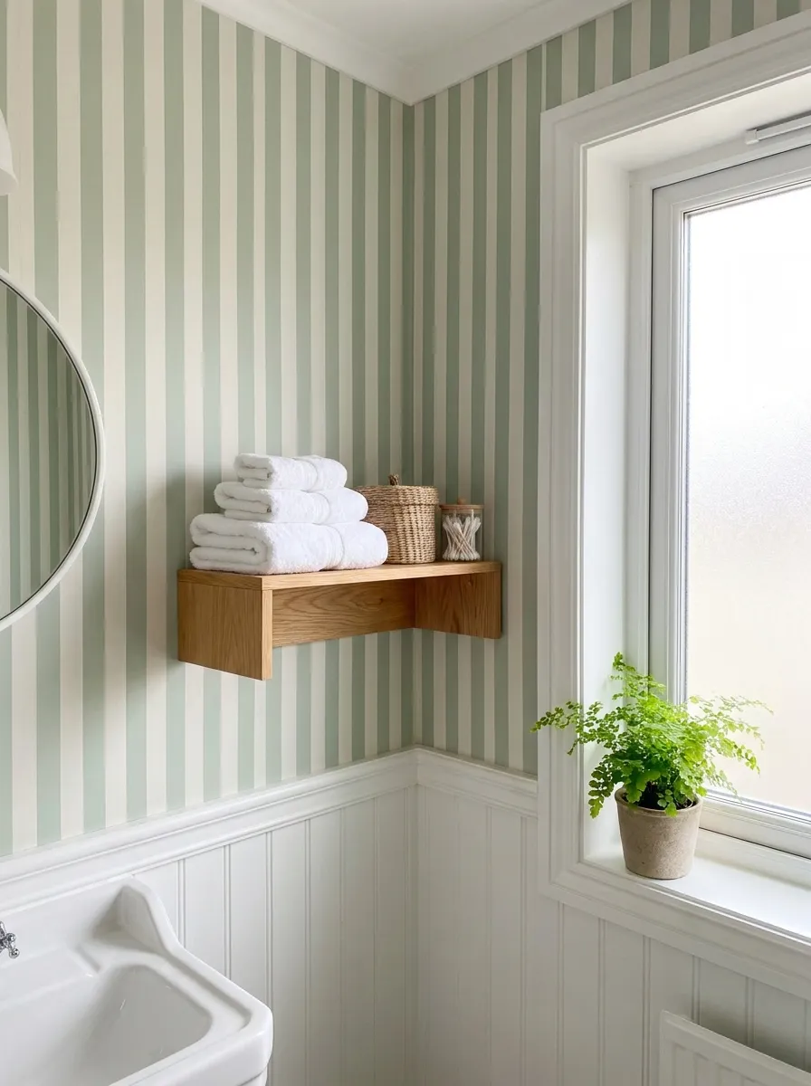 Real-life photograph of a small bathroom with soft sage green vertical striped wallpaper, clean white trim, beautifully arranged small shelf with folded towels, organized and tidy, bright natural light, vibrant fresh greenery accent, Pinterest-style stock photography, no people.