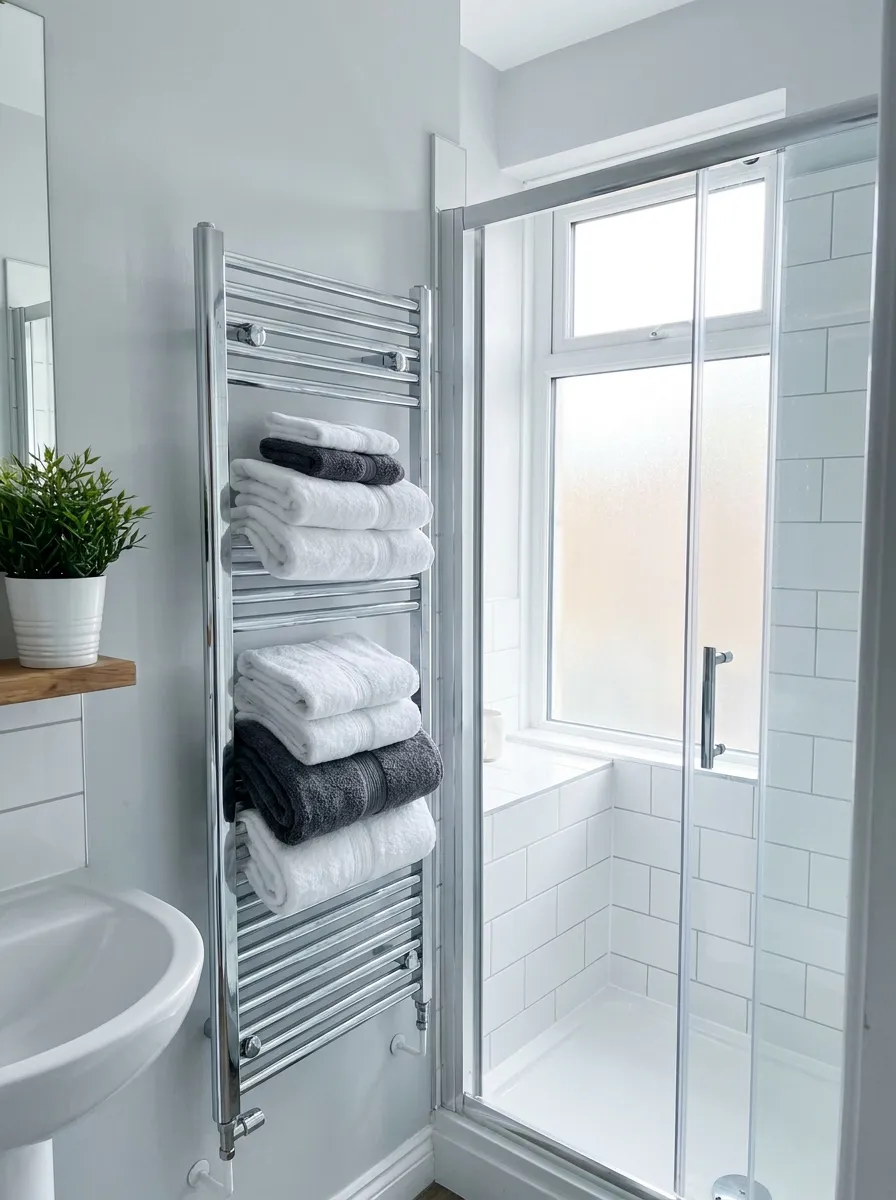 Real-life photograph of a small bathroom with a chrome heated towel ladder, neatly folded white and grey towels beautifully arranged on each rung, organized and clean, bright natural light near a shower, vibrant crisp white and grey palette, Pinterest-style stock photo, no people.