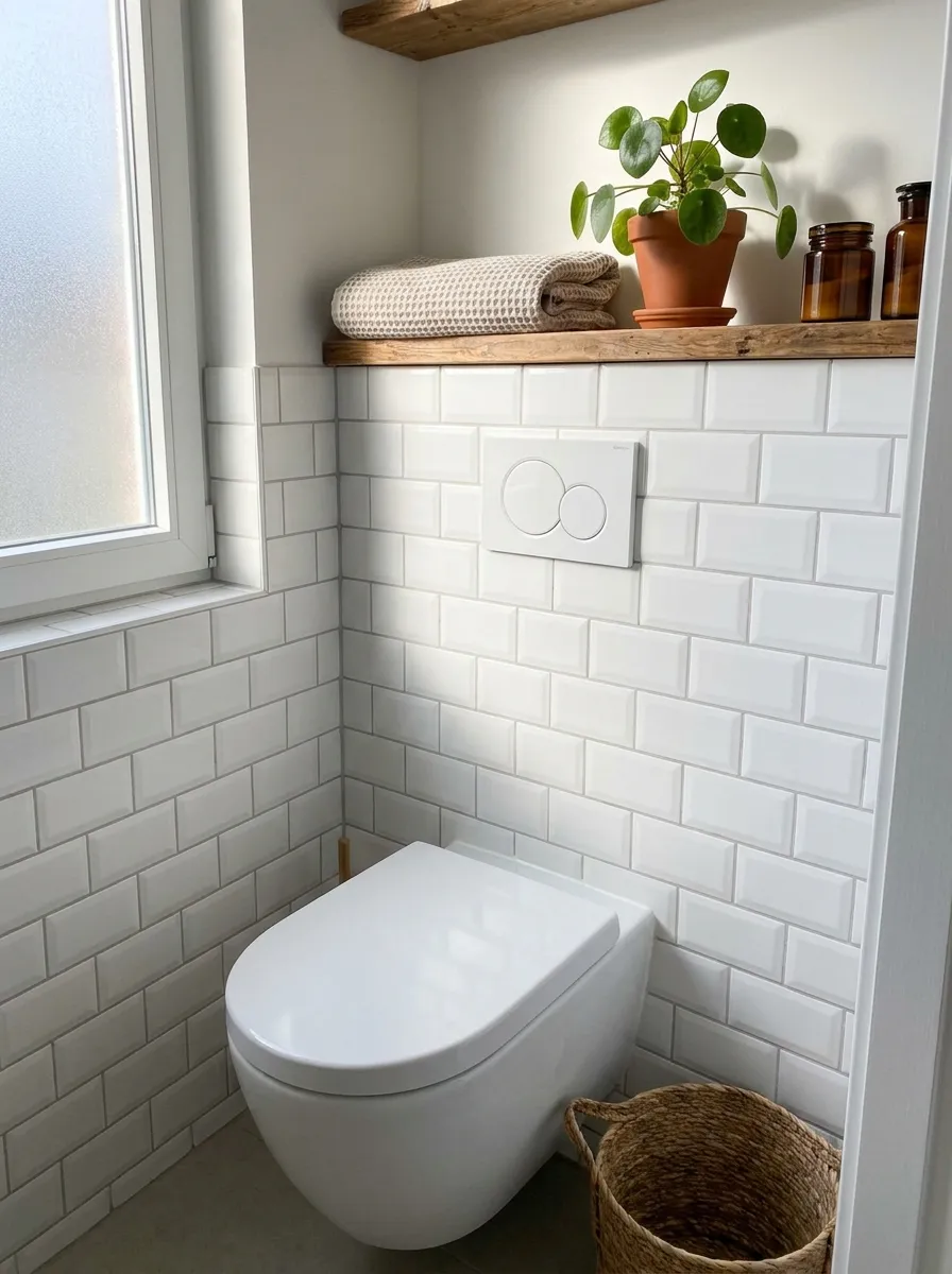 Real-life photograph of a small bathroom with a wall-hung white toilet, concealed tank, clean tiled wall, beautifully arranged small shelf with a folded towel nearby, organized and tidy, bright natural light, vibrant fresh plant accent, Pinterest-style stock photography, no people.