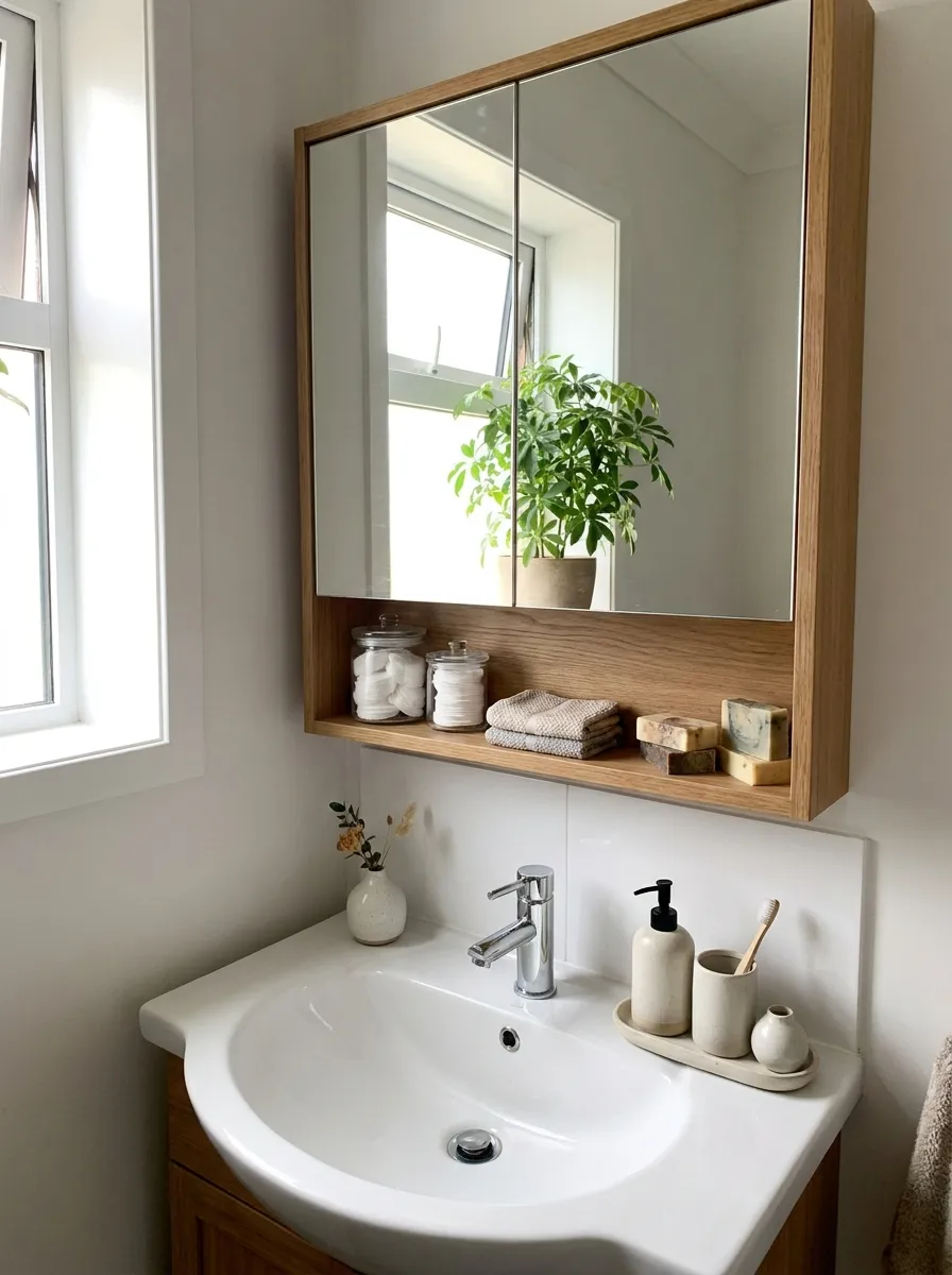 Real-life photograph of a small bathroom with a recessed mirrored medicine cabinet above a clean sink, beautifully arranged toiletries visible on open shelf, organized and clean countertop, bright natural light, vibrant green plant reflection, Pinterest-style stock photo, no people.