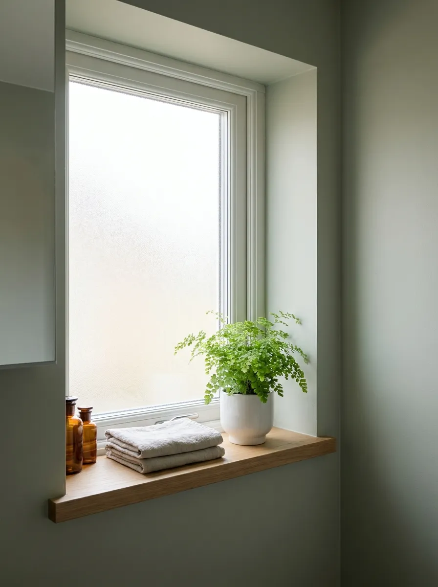 Real-life photograph of a small bathroom window covered in frosted privacy film, soft diffused bright natural light filling the room, clean and organized windowsill with a small plant, beautifully arranged, vibrant soft green tones, tidy and airy, Pinterest-style stock photography, no people.