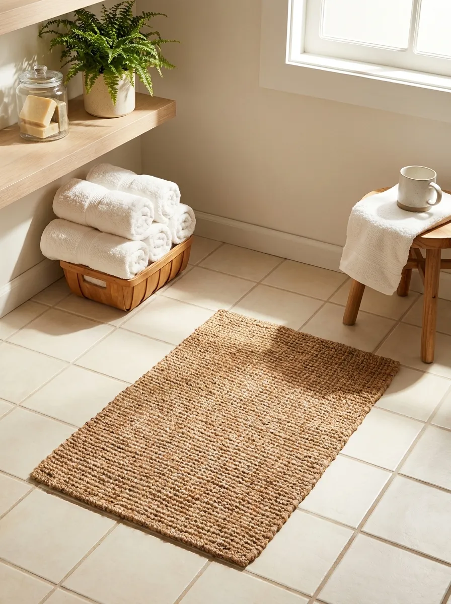 Real-life photograph of a small bathroom floor with a neatly placed woven jute bath mat, clean tiled floor, beautifully arranged white towels nearby, organized and tidy, bright natural light, vibrant natural texture, warm and inviting, Pinterest-style stock photo, no people.