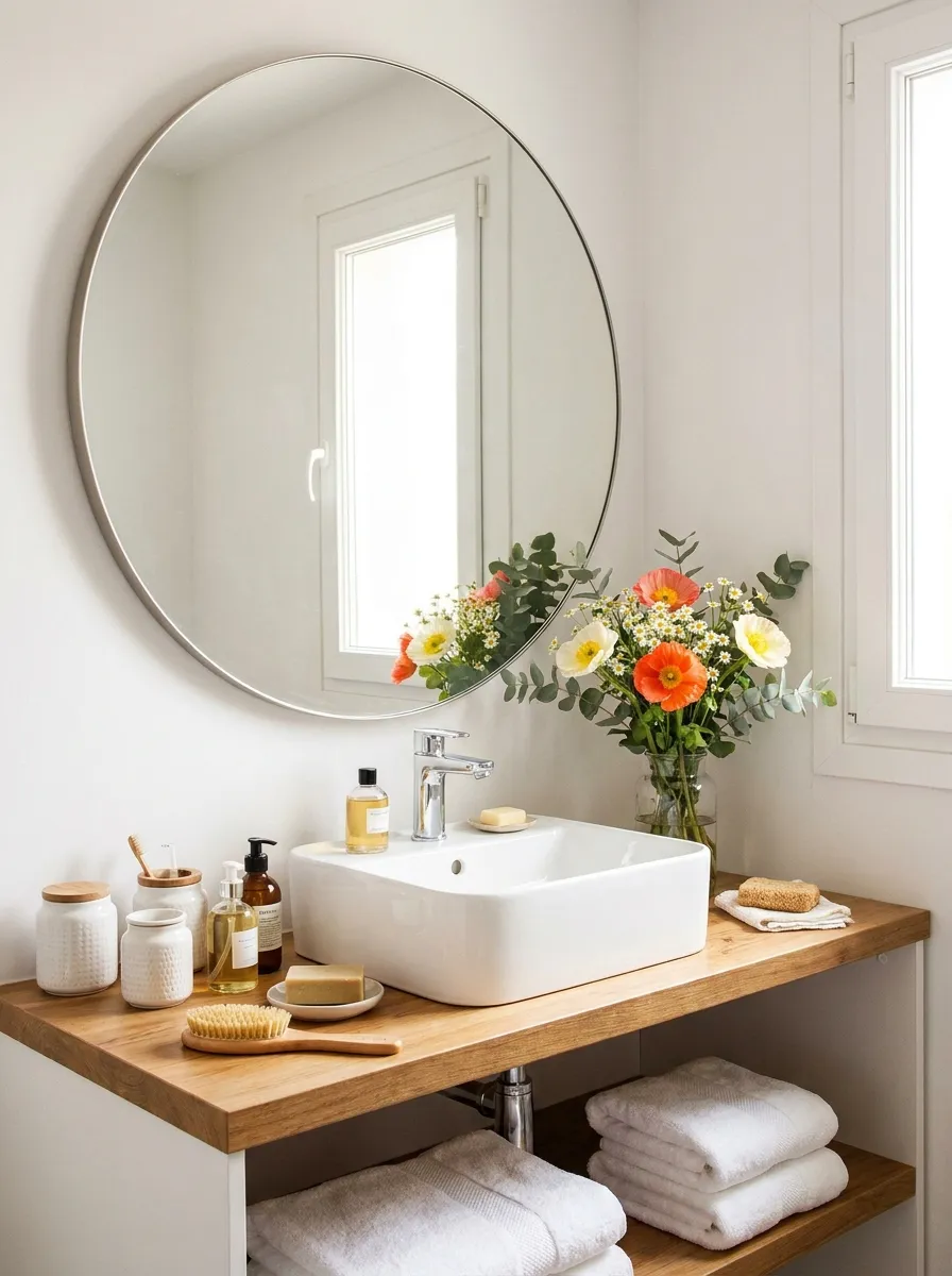 Real-life photograph of a bright small bathroom featuring an oversized round mirror above a clean white sink, beautifully arranged bathroom essentials neatly organized on the countertop, bright natural light reflecting off the mirror, vibrant fresh flowers in a small vase, crisp white towels neatly folded, Pinterest-style stock photography, no people.