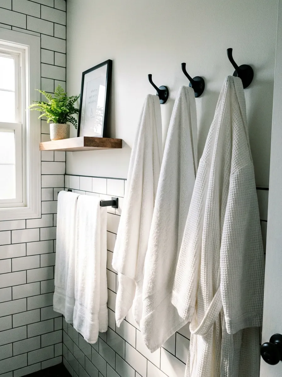 Real-life photograph of a small bathroom wall with matte black hooks, neatly hung white towels and a robe beautifully arranged, clean and organized wall space, bright natural light, vibrant crisp white and black contrast, Pinterest-style stock photography, no people.