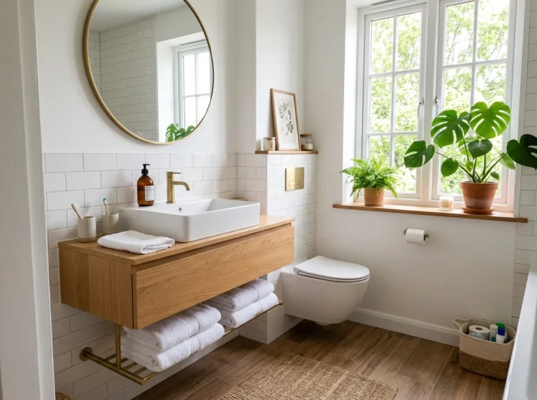 Real-life photograph of a beautifully designed small bathroom, neatly made and beautifully arranged with a floating vanity, oversized mirror, and clean white towels, organized and clutter-free, bright natural light pouring through a window, vibrant green plant accent, warm inviting atmosphere, Pinterest-style stock photography, wide shot, no people.