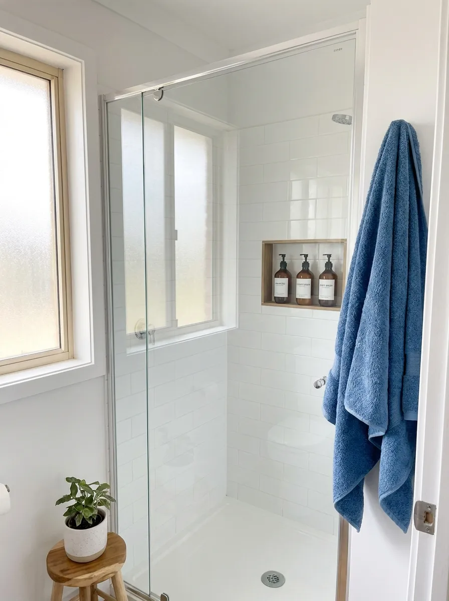 Real-life photograph of a small bathroom with a frameless glass walk-in shower, clean white subway tiles neatly arranged, organized shower shelf with matching bottles, bright natural light through a frosted window, vibrant blue towel hanging neatly, sparkling clean glass, Pinterest-style interior photography, no people.