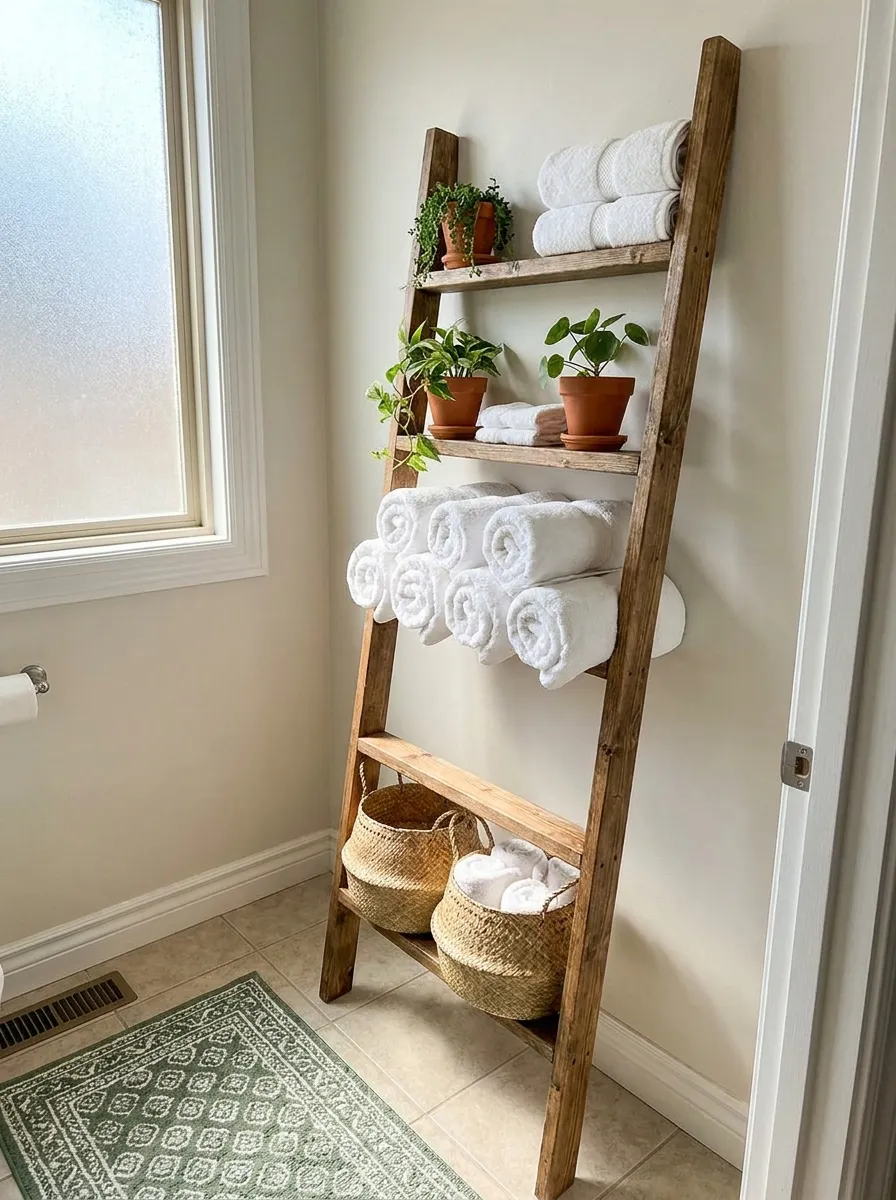Real-life photograph of a small bathroom with a wall-mounted wooden ladder shelf, neatly made rolled white towels, beautifully arranged small potted plant and woven storage baskets, organized and clean layout, bright natural light, vibrant green accents, cozy Pinterest-style stock photo, no people.