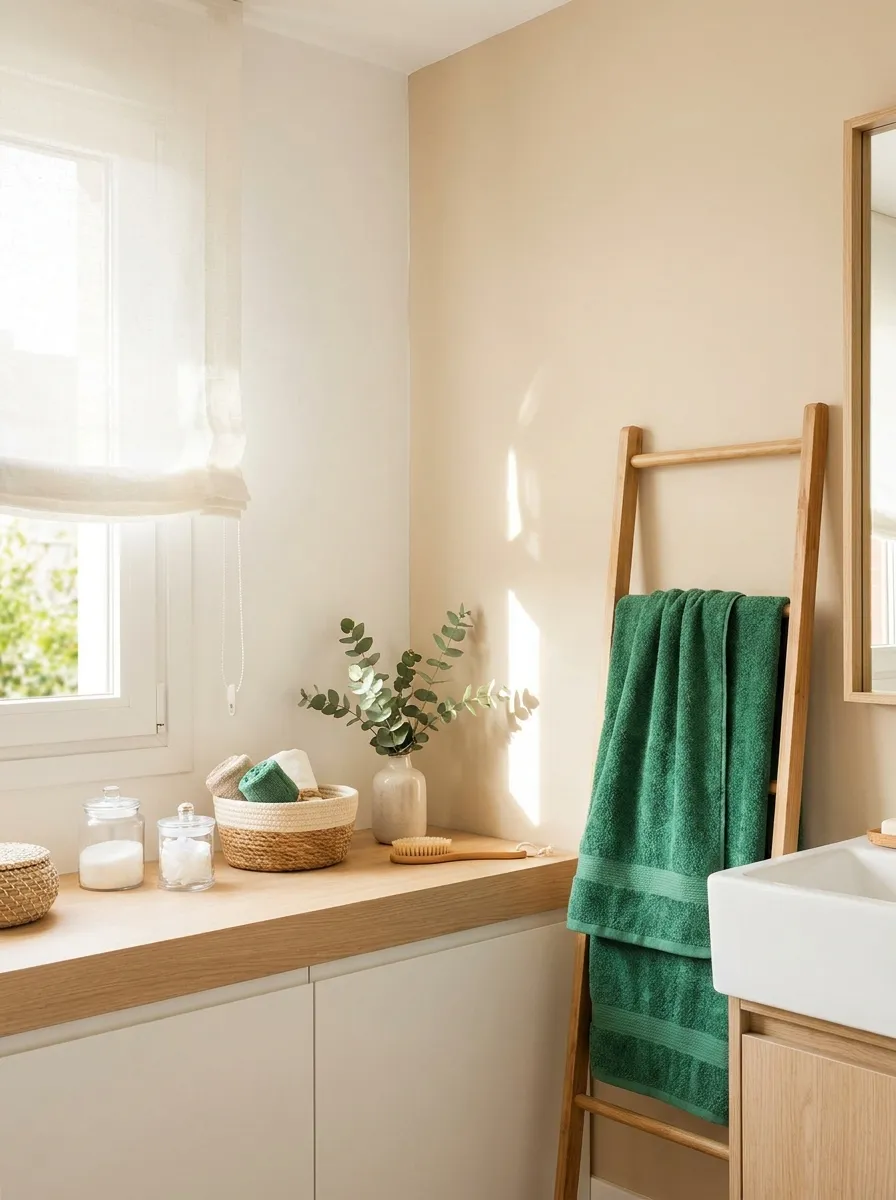 Real-life photograph of a small bathroom painted in soft white and warm beige tones, one vibrant emerald green towel neatly folded on a rack, beautifully arranged clean countertop, organized and tidy, bright natural light streaming in, fresh and airy Pinterest-style stock photography, no people.