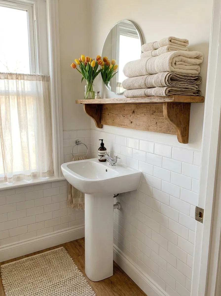 Real-life photograph of a small bathroom with a slim white pedestal sink, beautifully arranged small wall-mounted shelf above with neatly folded towels, clean and organized layout, bright natural light through a nearby window, vibrant fresh flowers in a small vase, Pinterest-style stock photography, no people.