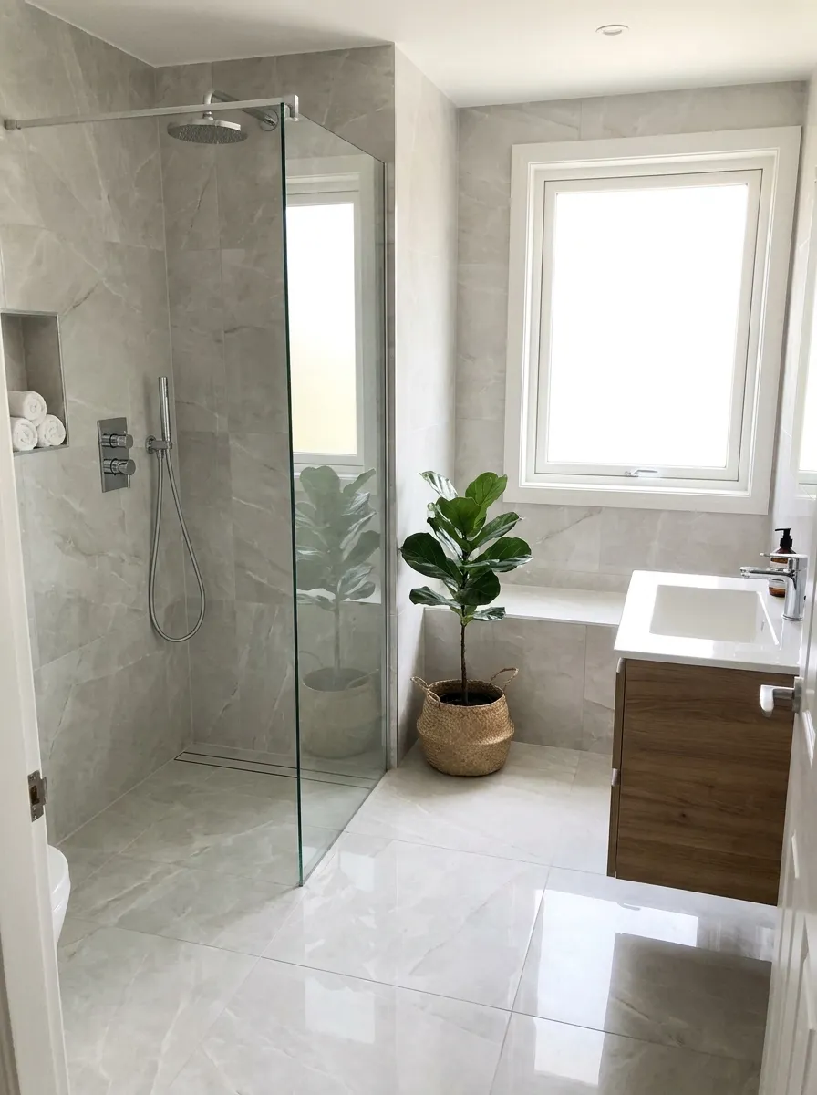 Real-life photograph of a small bathroom with large-format light marble-look tiles extending floor to ceiling, clean and organized shower area, beautifully arranged chrome fixtures, bright natural light, vibrant green plant in the corner, sleek and tidy, Pinterest-style interior photography, no people.