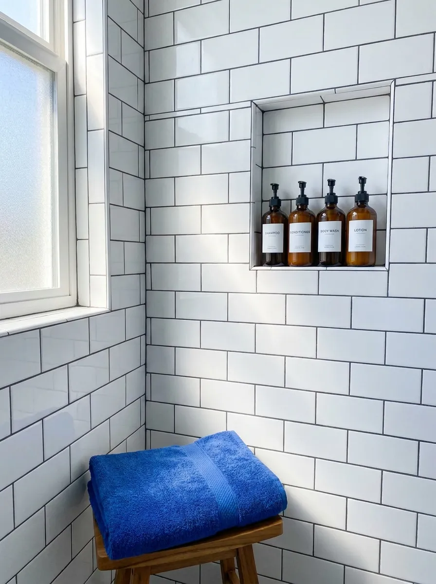 Real-life photograph of a small bathroom shower with a recessed wall niche, beautifully arranged matching bottles neatly organized inside, clean white subway tile surround, bright natural light, vibrant blue accent towel nearby, tidy and spa-like, Pinterest-style stock photography, no people.