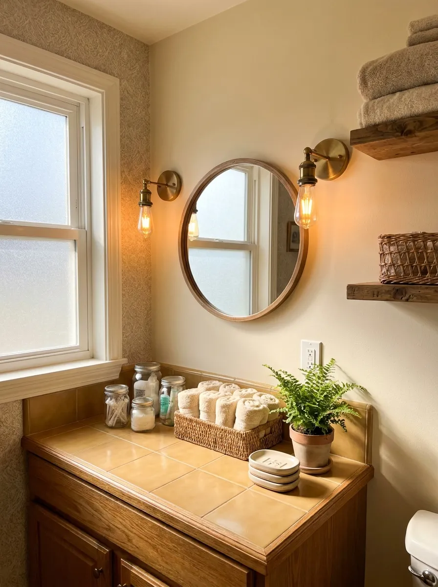 Real-life photograph of a small bathroom with warm brass wall sconces flanking a mirror, beautifully arranged clean countertop below, organized and neatly styled, bright natural light mixed with warm sconce lighting, vibrant golden tones, cozy Pinterest-style stock photo, no people.