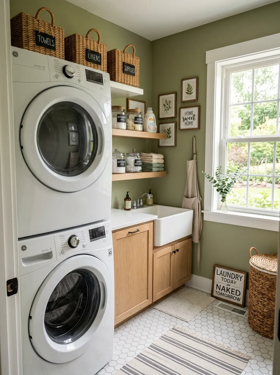 A neatly made small laundry room with a stacked white washer and dryer unit, organized shelving above filled with labeled baskets, folded towels arranged beautifully, bright natural light streaming through a nearby window, clean tile floor, vibrant colors, real-life candid photography style, Pinterest-worthy.