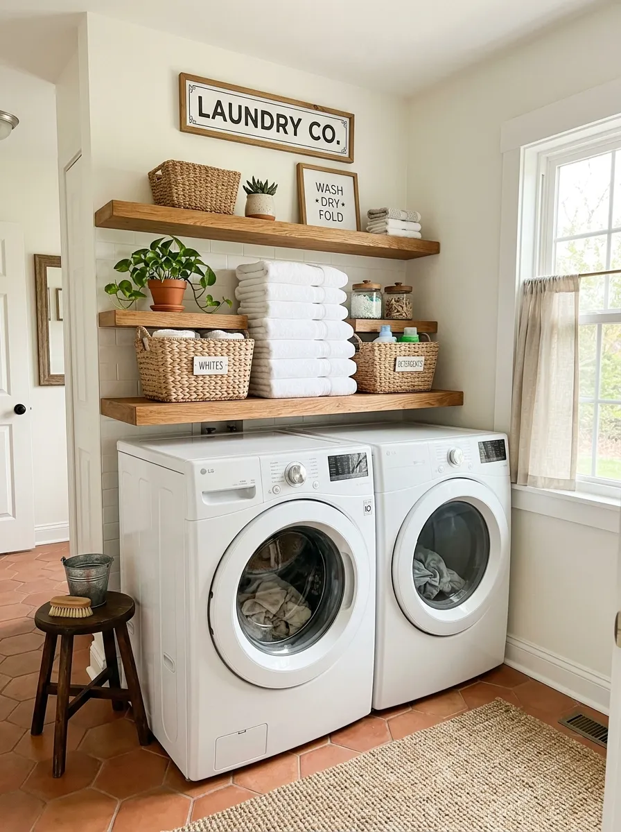 A bright small laundry room with floating wood shelves neatly organized above a washer and dryer, holding woven baskets and folded white towels beautifully arranged, small green plant accent, bright natural light, vibrant warm tones, real-life photography style, tidy Pinterest-worthy scene.
