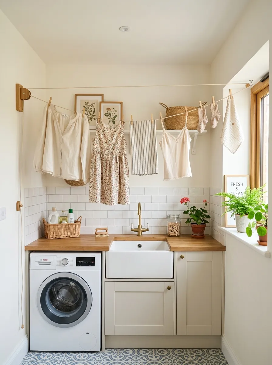 A tidy small laundry room with a retractable drying line pulled across the space, delicate garments neatly hung and beautifully arranged, small sink below, bright natural light, vibrant fresh colors, clean tile backsplash, real-life photography style, Pinterest-ready and inspiring.