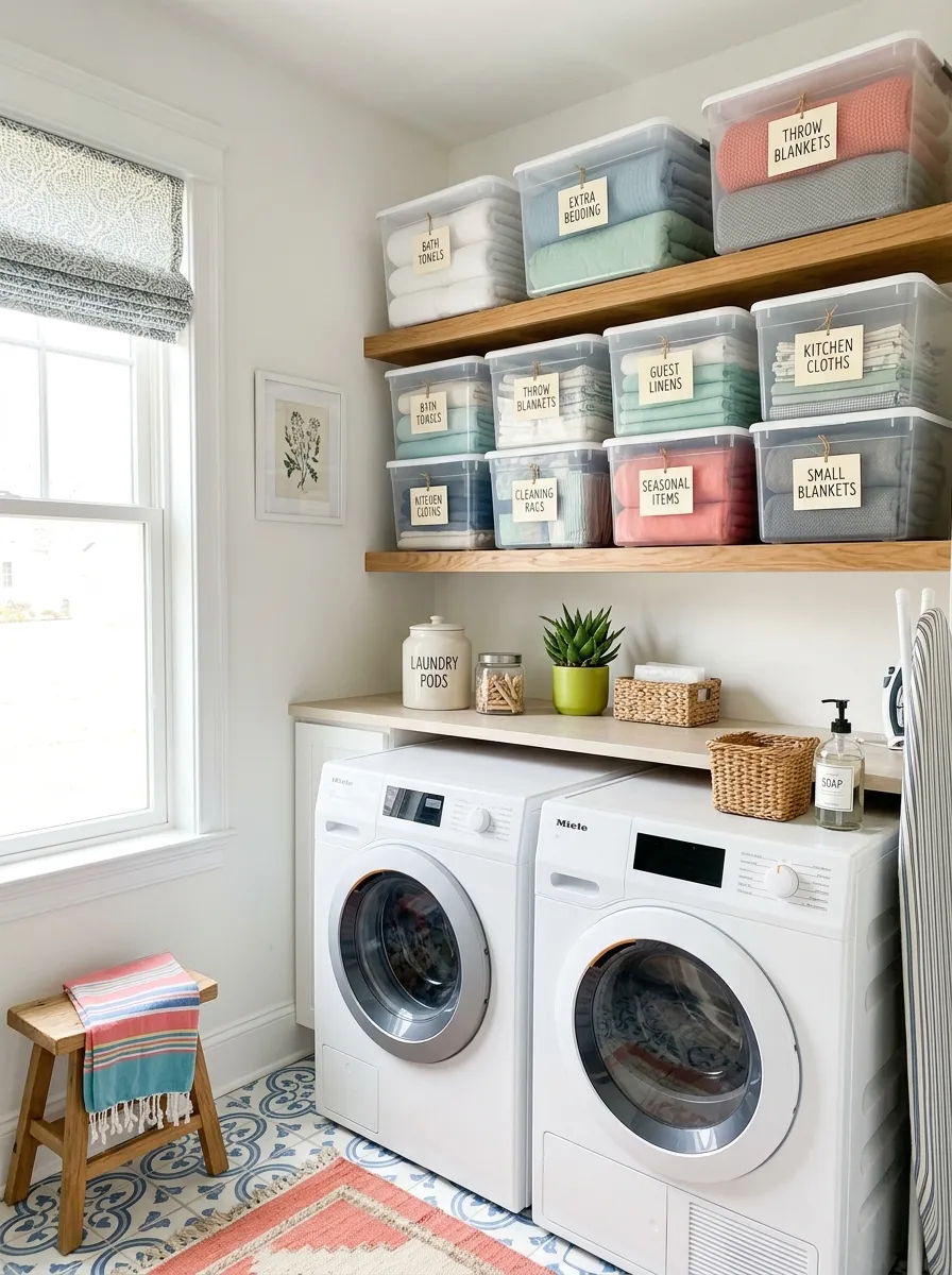 A bright, organized small laundry room with clear stackable storage bins neatly arranged on a shelf, folded blankets and linens visible inside, labeled tags on each bin, bright natural light, vibrant color accents, real-life photography style, clean and Pinterest-worthy.