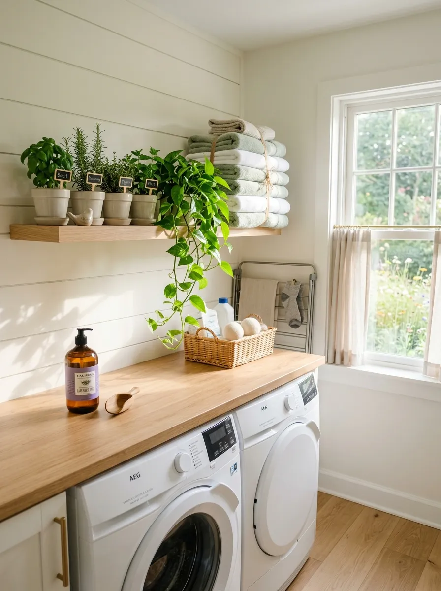 A bright small laundry room with a mini wooden shelf neatly holding potted herbs and a trailing plant, folded towels stacked beautifully beside them, sunlight streaming through a nearby window, vibrant green accents, real-life photography style, fresh and Pinterest-inspiring.