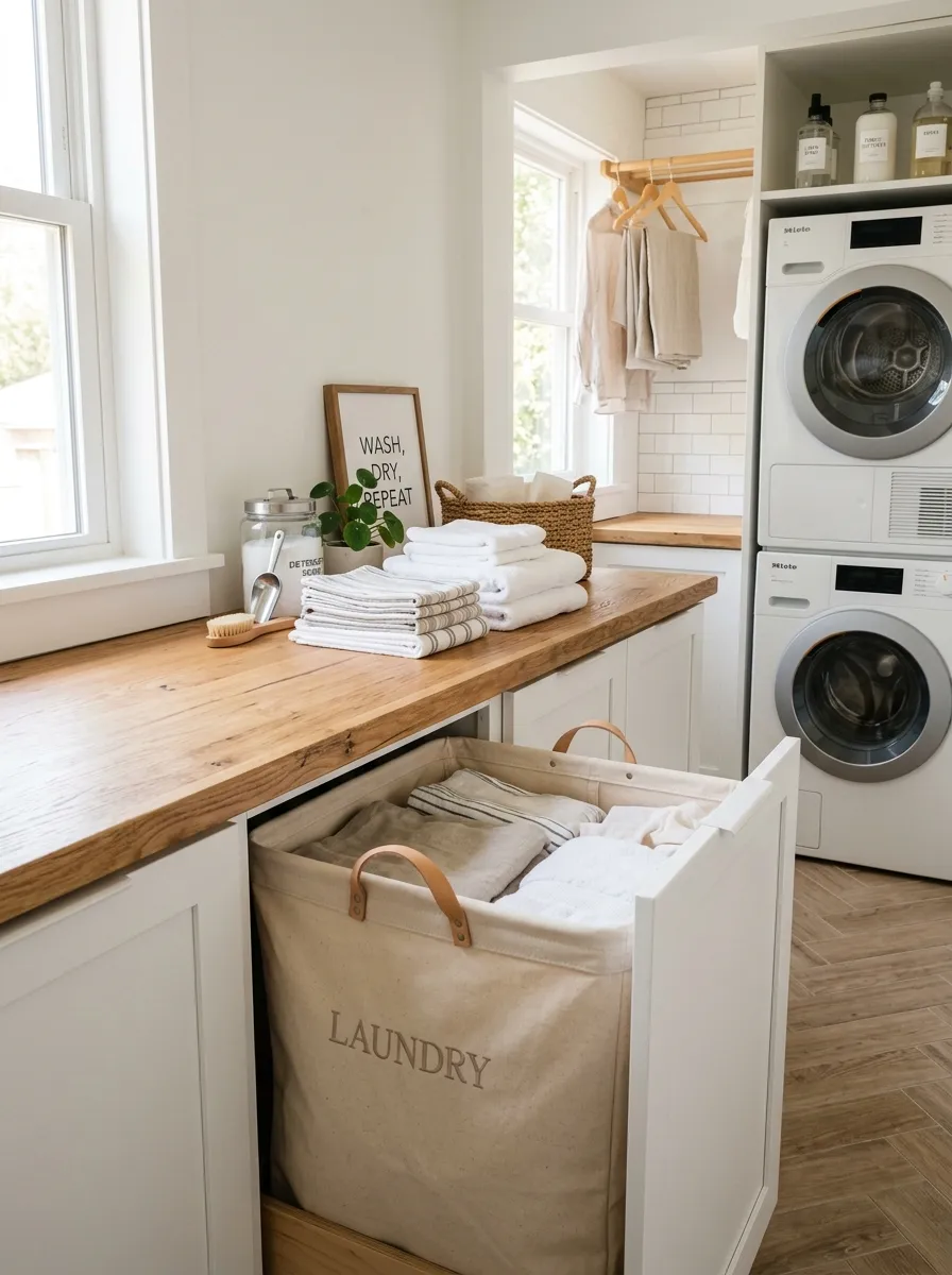 A clean small laundry room with a slide-out canvas hamper neatly tucked beneath a wooden counter, laundry beautifully organized inside, folding surface above with neatly stacked towels, bright natural light, vibrant fresh tones, real-life photography style, Pinterest-ready styling.