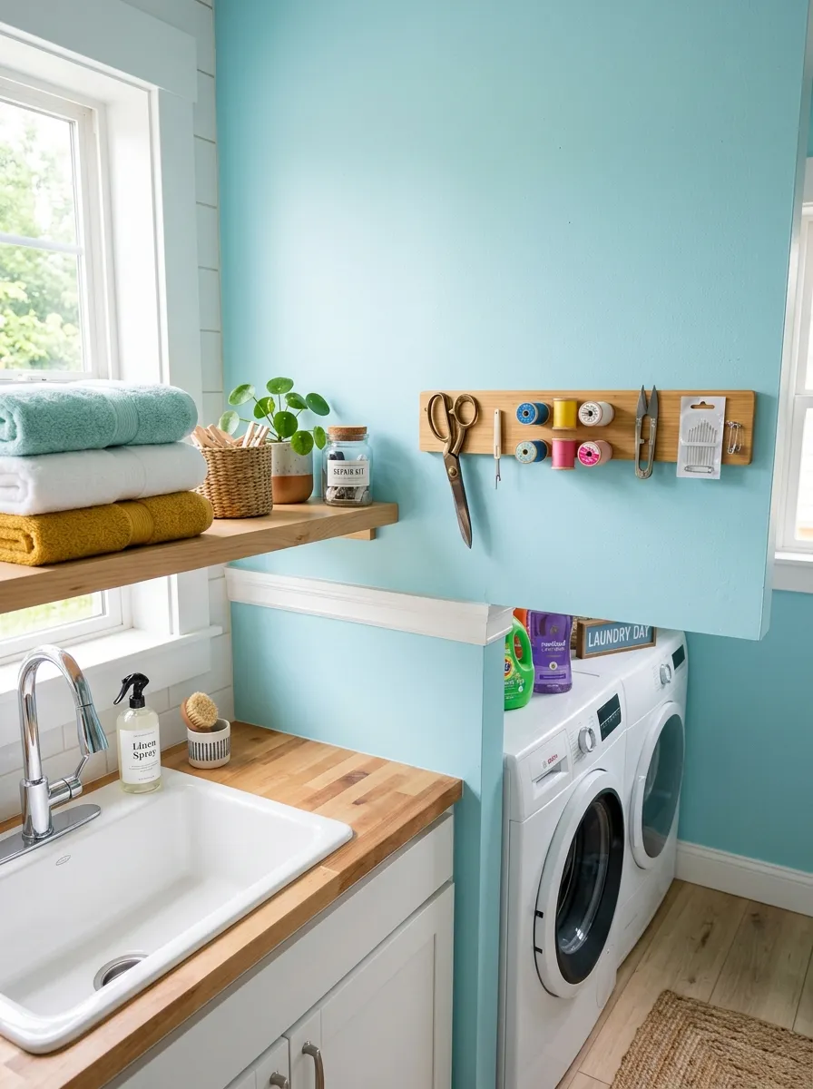 A bright small laundry room with a slim magnetic strip mounted on a clean wall, small scissors and sewing tools neatly arranged on it, folded towels on a nearby shelf, bright natural light, vibrant color accents, real-life photography style, tidy and Pinterest-worthy.