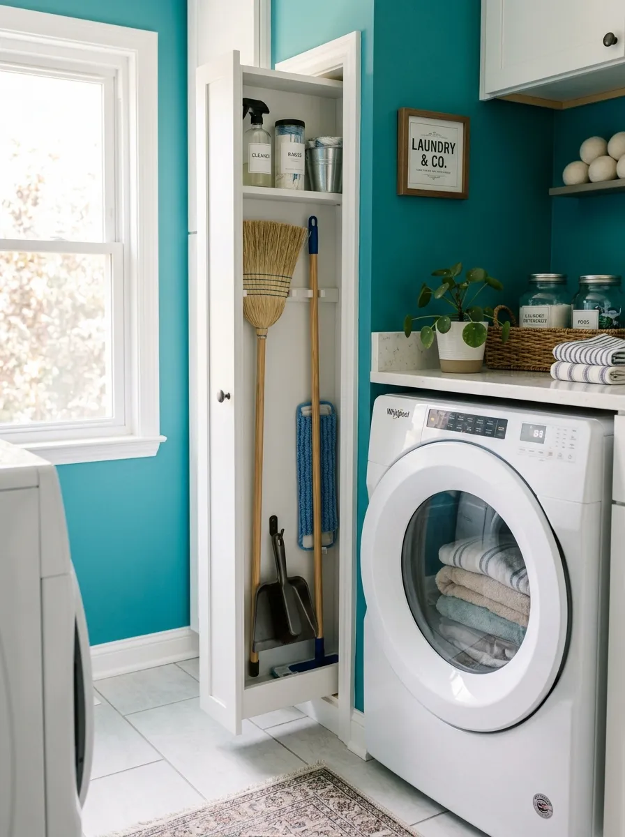 A clean small laundry room with a narrow vertical closet insert neatly holding a broom, mop, and dustpan, beautifully organized beside a dryer, bright natural light, vibrant fresh wall color, real-life photography style, tidy and Pinterest-worthy composition.