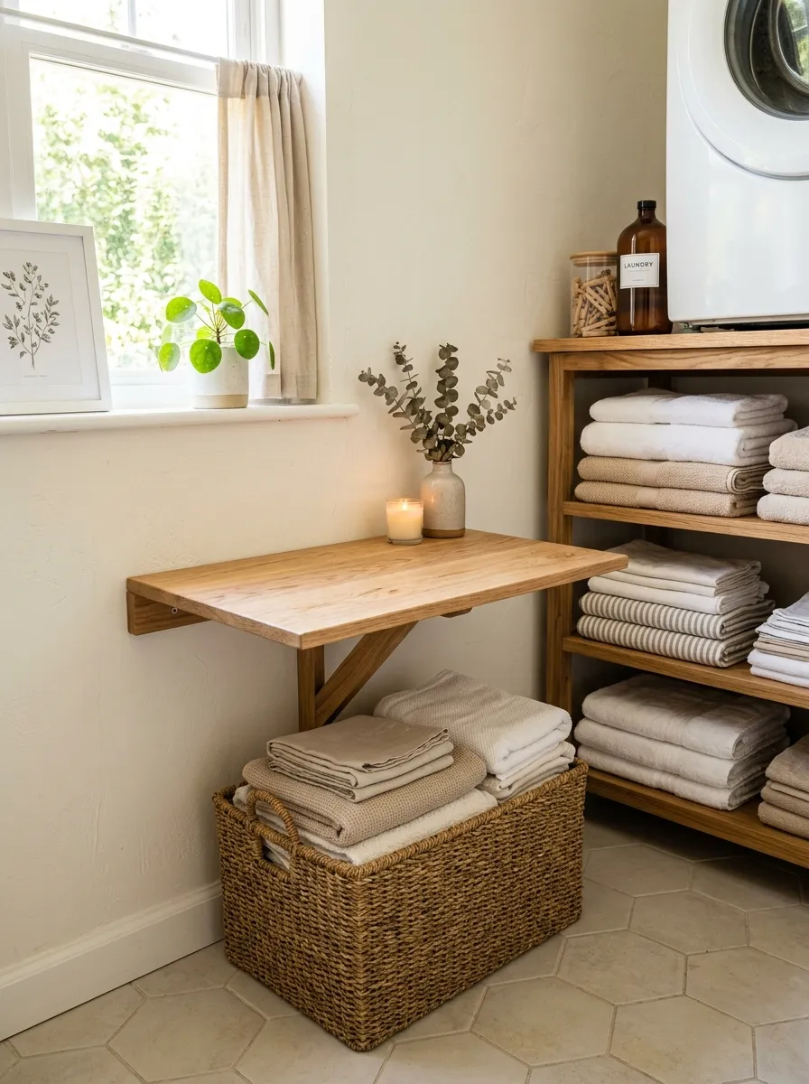A bright small laundry room with a neatly folded-down wooden bench, a woven basket tucked beneath it beautifully arranged, folded laundry stacked nearby, bright natural light, vibrant warm tones, real-life photography style, cozy and Pinterest-ready.