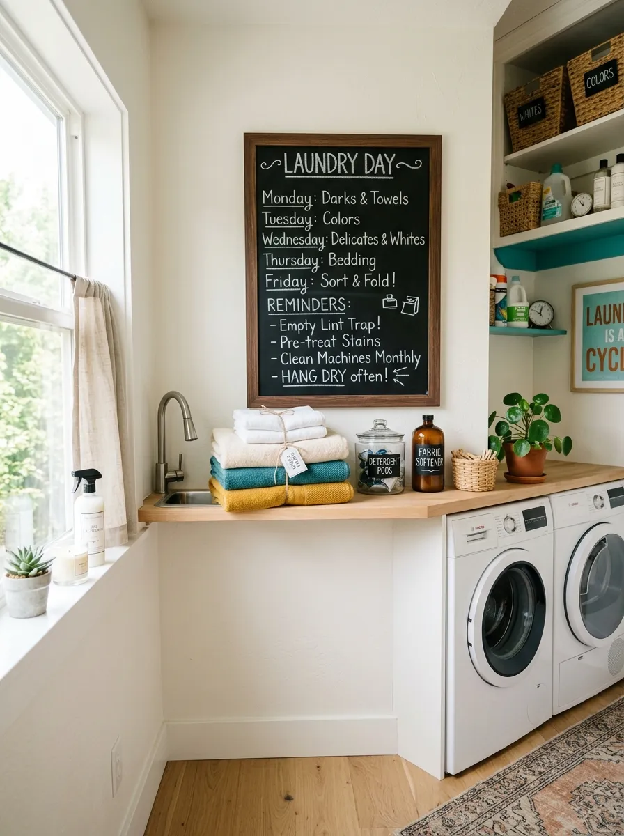 A clean small laundry room with a small chalkboard panel mounted on the wall, neatly written laundry reminders, folded towels arranged beautifully on a shelf below, bright natural light, vibrant color accents, real-life photography style, charming and Pinterest-worthy.