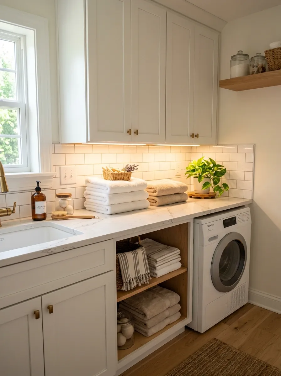 A bright small laundry room with warm under-cabinet lighting illuminating a neatly organized counter, folded towels beautifully arranged beneath the glow, clean backsplash tile, vibrant warm light tones, real-life photography style, inviting and Pinterest-ready.