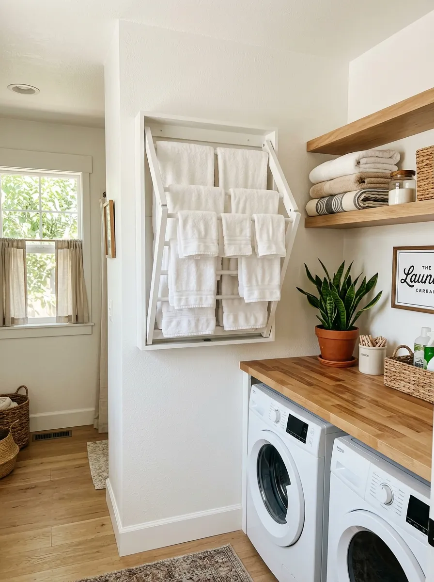A bright, small laundry room featuring a neatly folded-down wall-mounted drying rack holding beautifully arranged white towels, clean white walls, organized shelf with folded linens nearby, bright natural light, vibrant potted plant accent, real-life candid photography, Pinterest-ready aesthetic.
