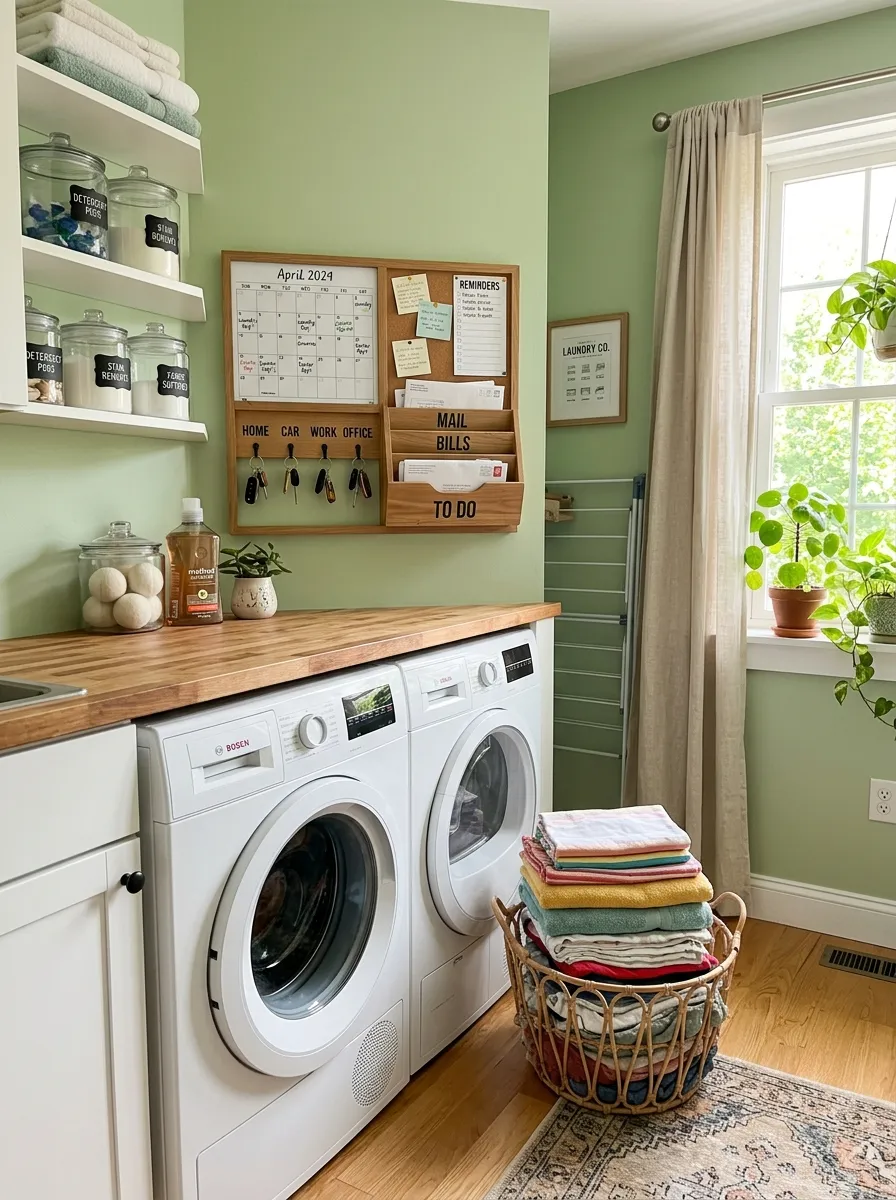 A bright small laundry room with a compact wall-mounted command center featuring a small calendar, neatly arranged key hooks, and a mail tray, folded laundry basket nearby, bright natural light, vibrant fresh colors, real-life photography style, organized and Pinterest-worthy.