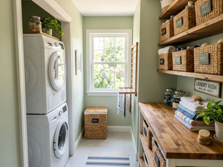 A beautifully organized small laundry room overview shot, neatly made with a stacked washer and dryer, open shelving with labeled baskets, folded towels arranged beautifully, warm bright natural light pouring through a window, vibrant fresh colors, clean tile floor, real-life photography style, cozy and Pinterest-worthy composition.