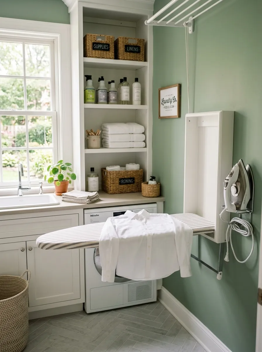 A clean, organized small laundry room with a fold-down ironing table mounted on the wall, neatly made with a crisp white shirt laid on top, iron resting nearby on a small holder, bright natural light, fresh vibrant colors, real-life photography style, Pinterest-worthy and inspiring.