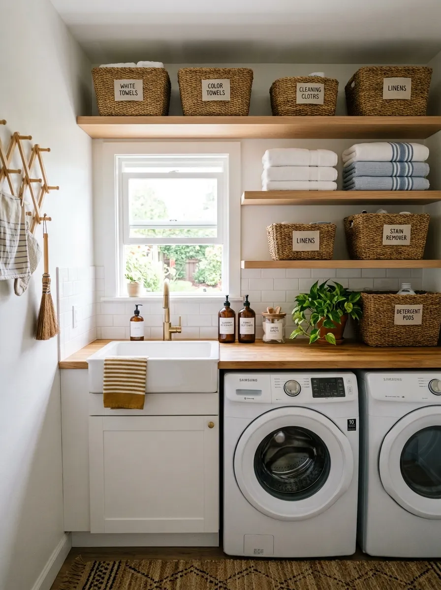 A bright small laundry room with open wooden shelving neatly arranged, labeled woven baskets holding folded towels and cleaning supplies, organized detergent bottles in matching containers, bright natural light, vibrant fresh colors, real-life photography, clean and Pinterest-ready styling.