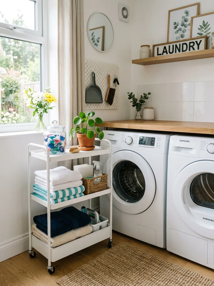 A tidy small laundry room featuring a slim rolling storage cart neatly organized with folded towels, laundry pods in a glass jar, and a small potted plant, placed beside a modern washer and dryer, bright natural light, clean white walls, vibrant color accents, real-life photography style, Pinterest-inspiring.