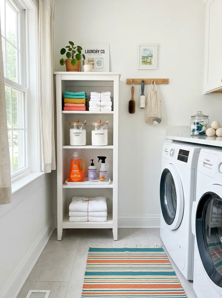 A clean small laundry room with a narrow white bookshelf neatly organized with laundry detergent bottles, folded microfiber cloths, and a small drip tray, positioned beside a washing machine, bright natural light, vibrant color accents, real-life photography style, tidy and Pinterest-ready.