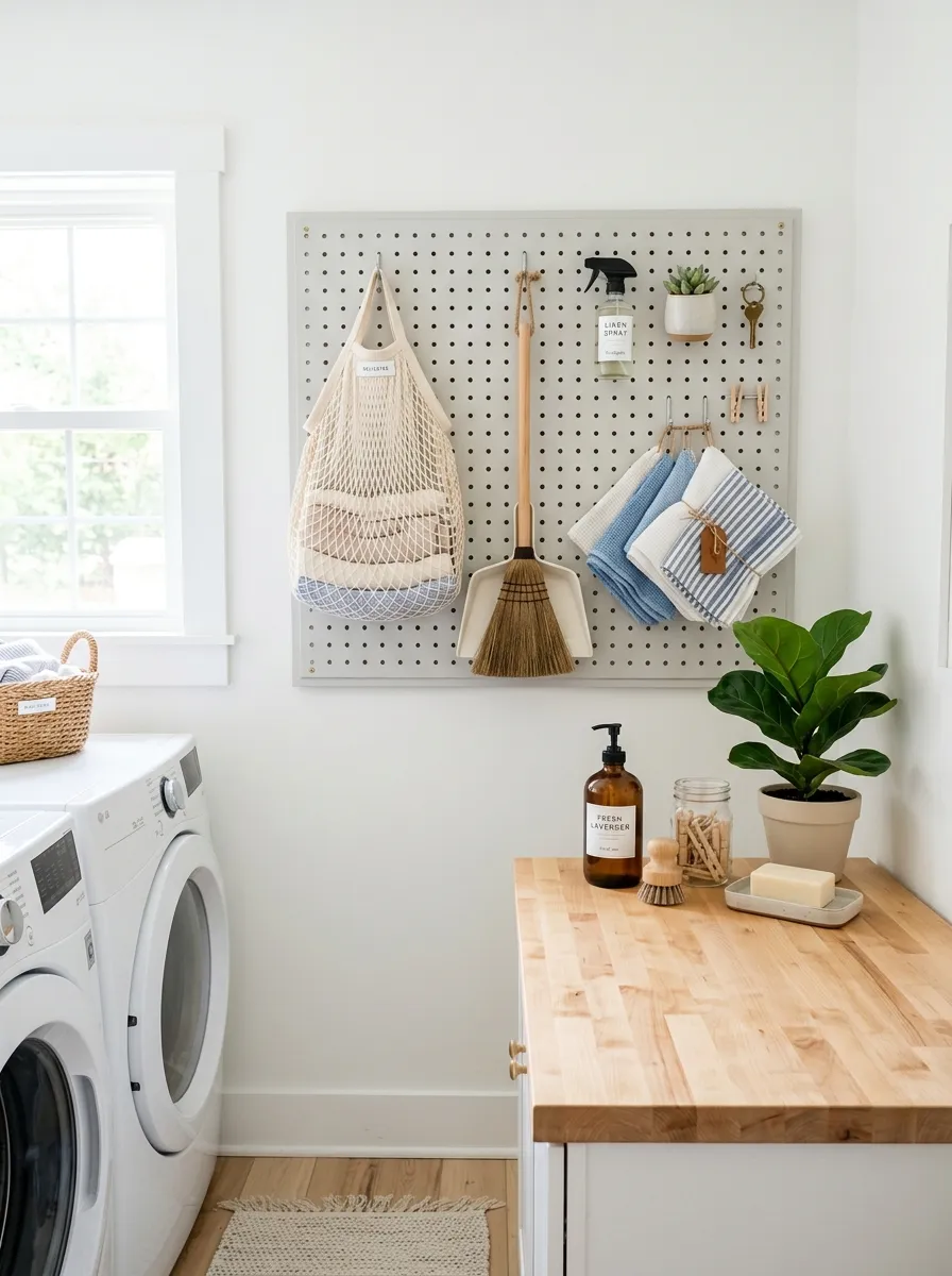 A bright small laundry room featuring a light gray pegboard neatly organized with hanging hooks holding a mesh laundry bag, small broom, and folded cloths, clean counter below, bright natural light, vibrant fresh accents, real-life candid photography style, Pinterest-worthy styling.