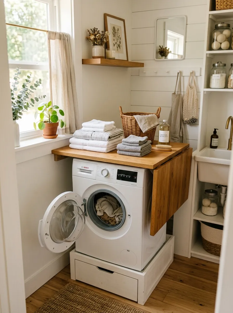A small laundry room with a neatly made fold-out wooden counter positioned over a front-load washer, folded laundry beautifully arranged on top, small basket nearby, bright natural light, warm vibrant tones, real-life photography style, clean and Pinterest-inspiring composition.