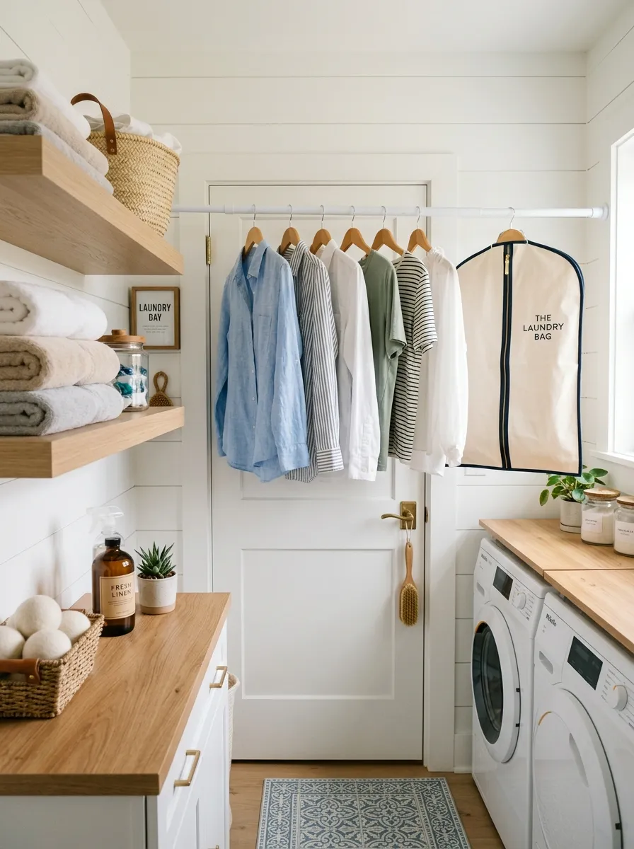 A clean small laundry room with a tension rod mounted behind a white door, neatly hung shirts and a garment bag beautifully arranged, folded towels on a nearby shelf, bright natural light, vibrant fresh colors, real-life photography style, organized and Pinterest-ready.