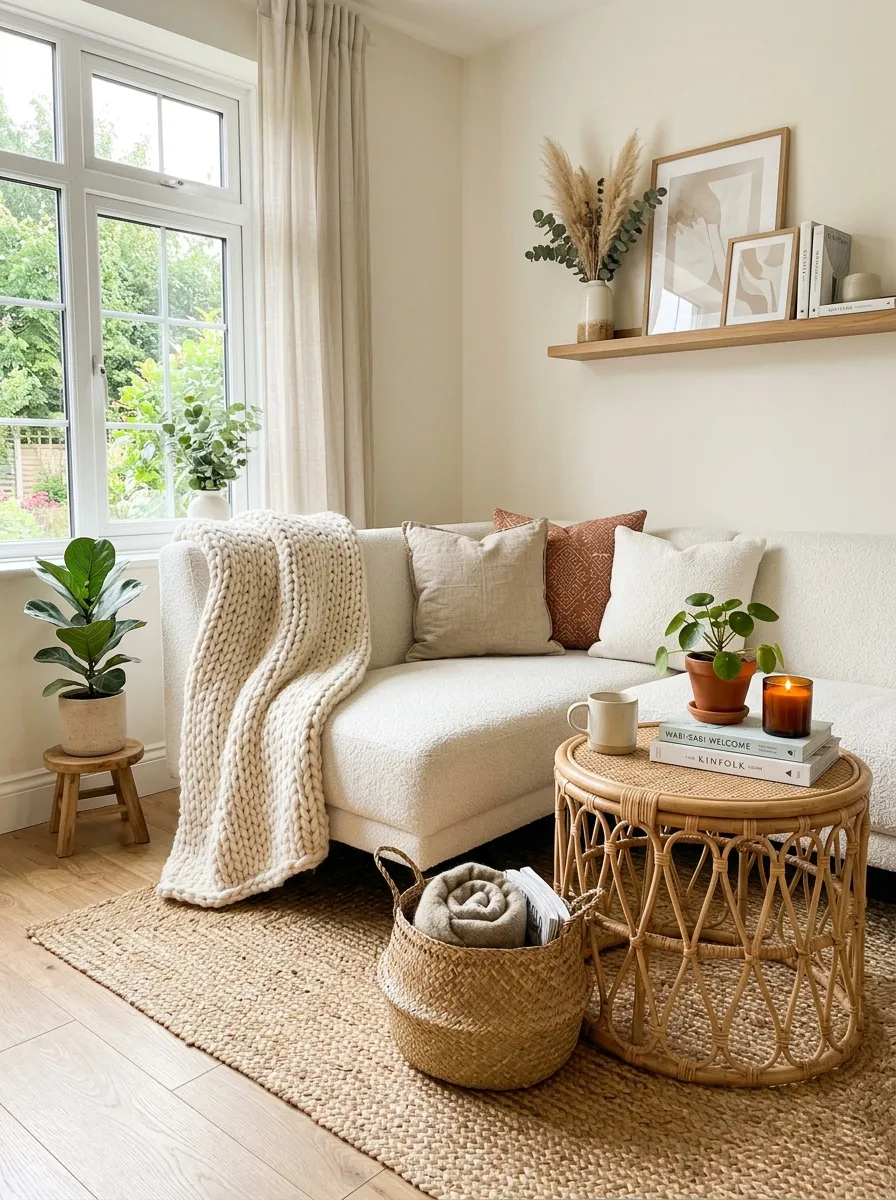 Image prompt: Real-life photography of a bright living room corner with a neatly made bouclé white couch, chunky cream knit throw draped casually, jute rug underneath, rattan side table with a woven basket, soft natural sunlight streaming through a window, beautifully arranged decor, organized and clean styling, warm vibrant tones, shot on a DSLR camera, cozy lived-in atmosphere, no people.