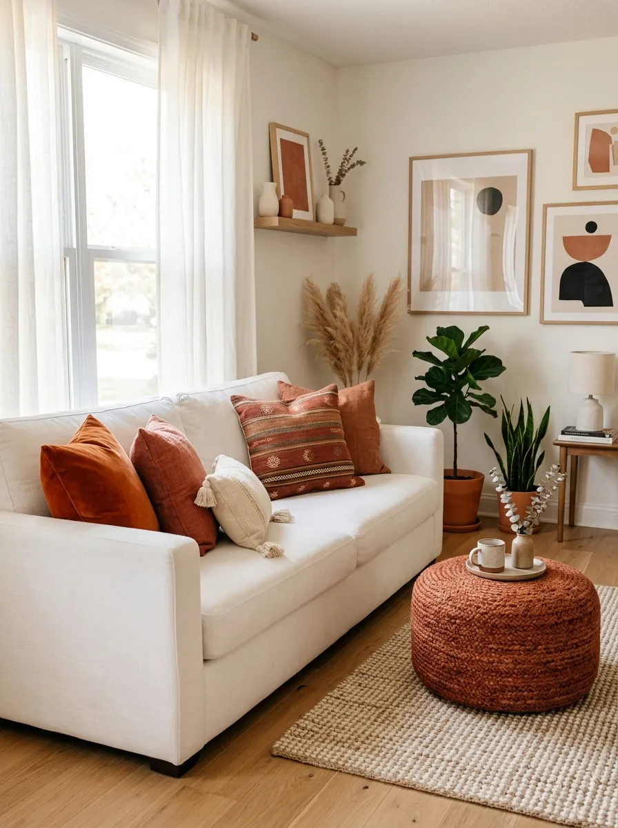 Image prompt: Real-life photography of a neatly made white couch layered with terracotta and rust throw pillows, a woven rust-toned ottoman nearby, bright natural light casting warm tones across the room, beautifully arranged earthy decor, clean and organized living room styling, vibrant terracotta color popping against white fabric, stock-photo realism, no people.