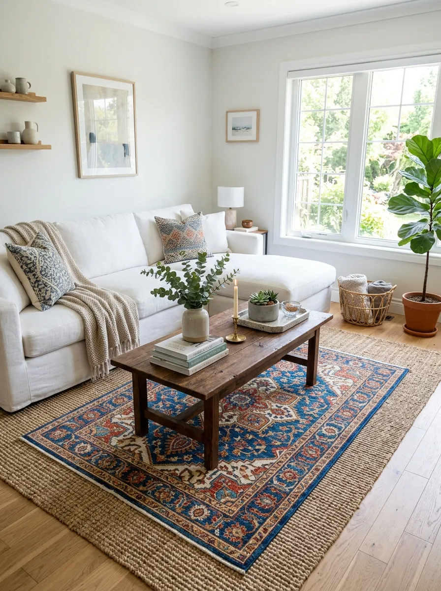 Image prompt: Real-life photography of a neatly made white couch with two layered rugs beneath a coffee table, a jute rug topped with a smaller patterned rug, beautifully arranged decor on the table, bright natural light streaming in, clean and organized styling, vibrant rug pattern adding color contrast, stock-photo realism, no people.