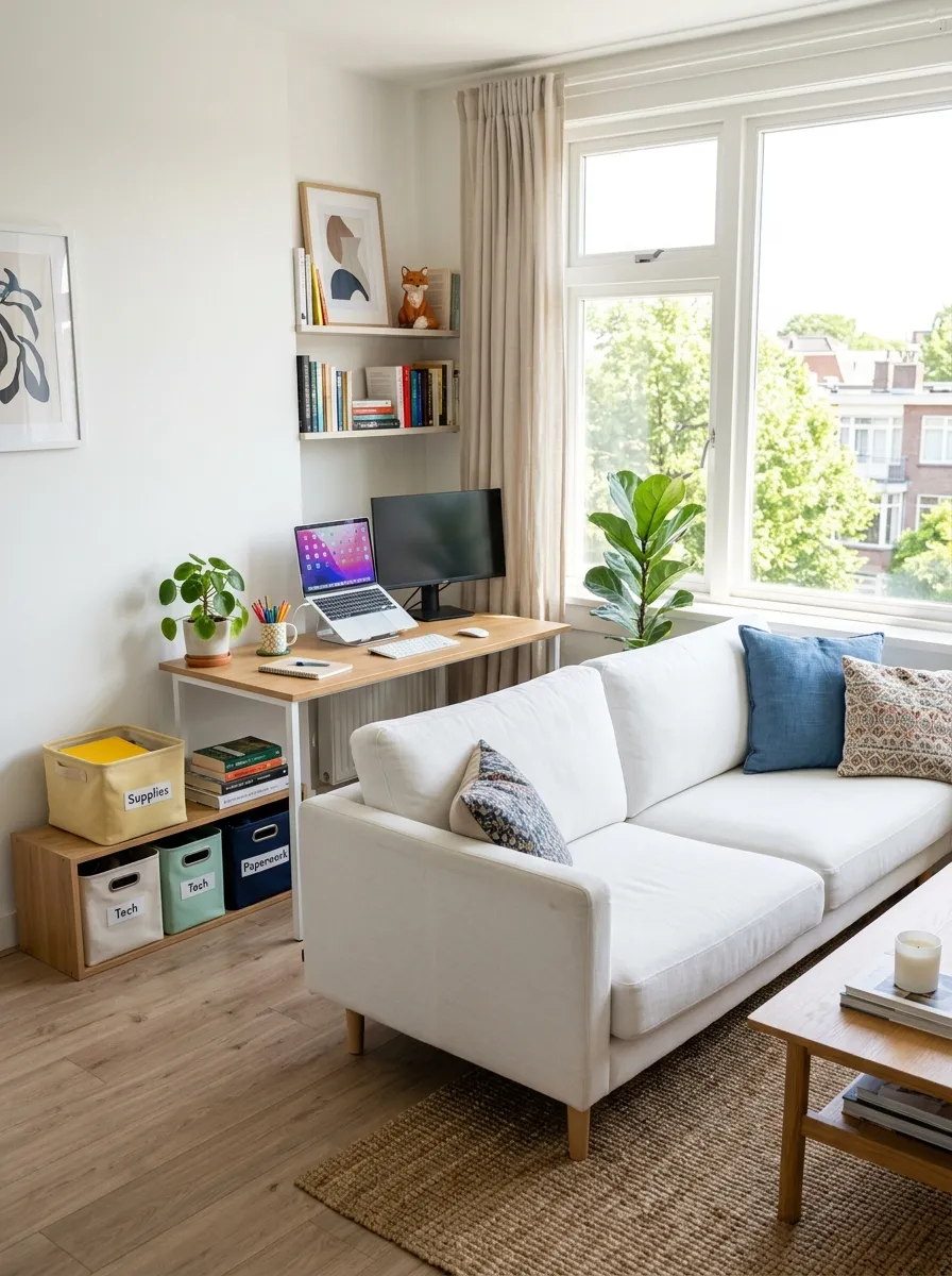 Image prompt: Real-life photography of a bright living room with a neatly made white couch positioned as a divider, a slim desk with organized storage bins tucked in the corner behind it, bright natural light from a nearby window, clean and beautifully arranged multipurpose space, vibrant desk accessories adding color, stock-photo realism, no people.
