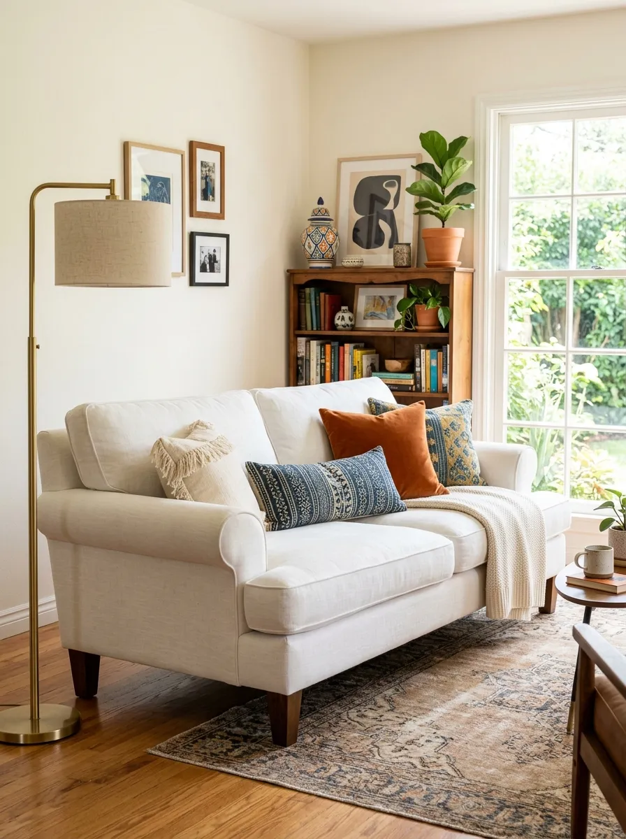 Image prompt: Real-life photography of a neatly made vintage-style white linen couch with wooden feet, modern floor lamp beside it, beautifully arranged cushions and a folded throw, bright natural light filling the room, clean and organized eclectic styling, vibrant accent decor for contrast, stock-photo realism, no people.