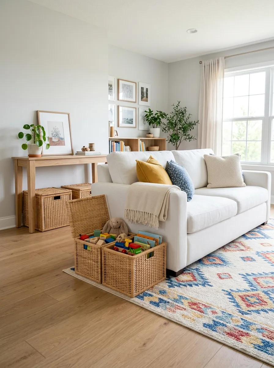 Image prompt: Real-life photography of a neatly made white couch with woven storage baskets tucked beneath a nearby console, soft washable rug on the floor, beautifully arranged toys peeking from one basket, bright natural light filling the room, clean and organized family-friendly styling, vibrant basket and rug tones, stock-photo realism, no people.