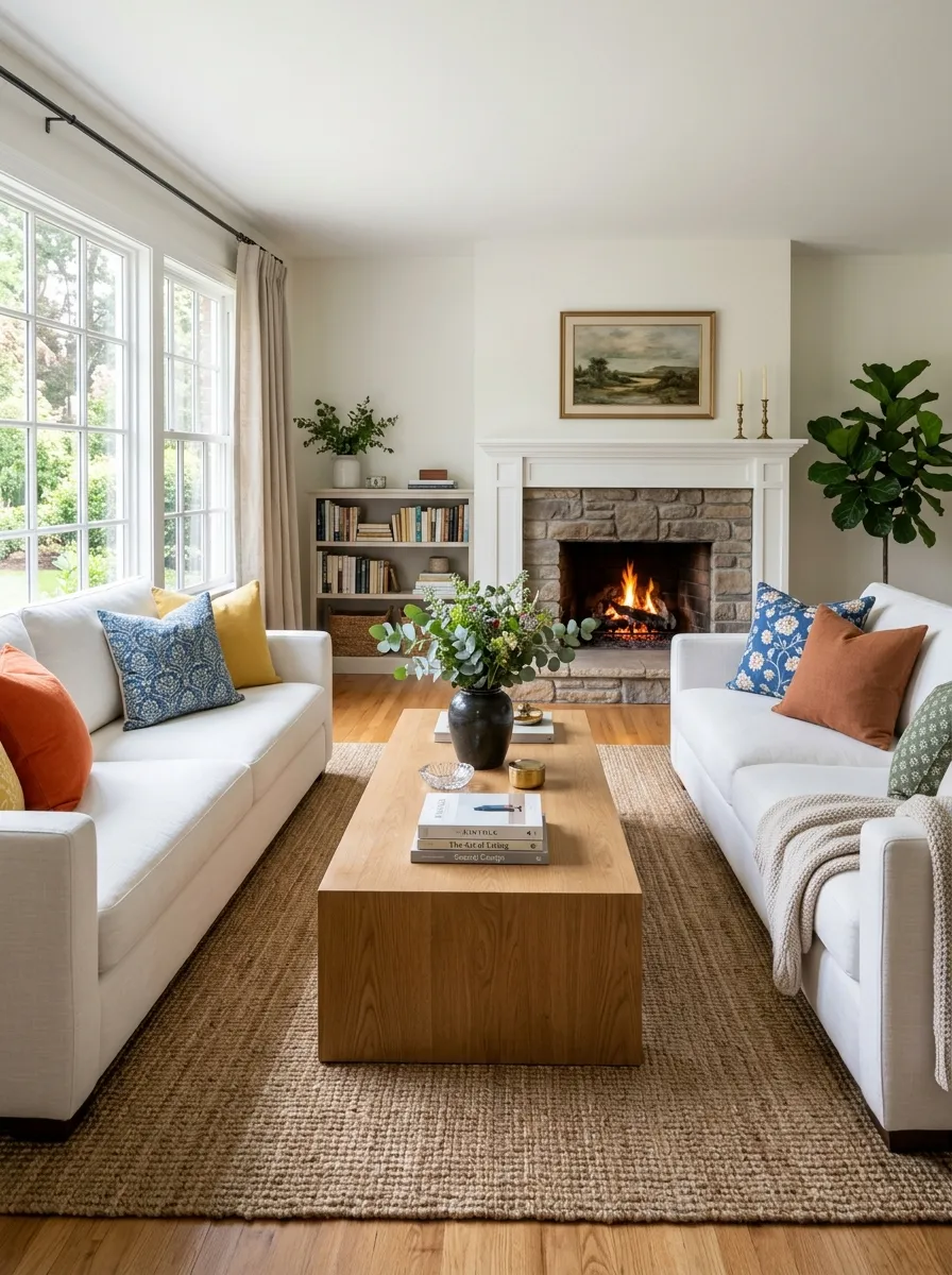 Image prompt: Real-life photography of two matching neatly made white couches facing each other across a large coffee table beautifully arranged with books and a vase, fireplace visible in the background, bright natural light from a large window, clean and organized symmetrical living room styling, vibrant accent pillows on each couch, stock-photo realism, no people.